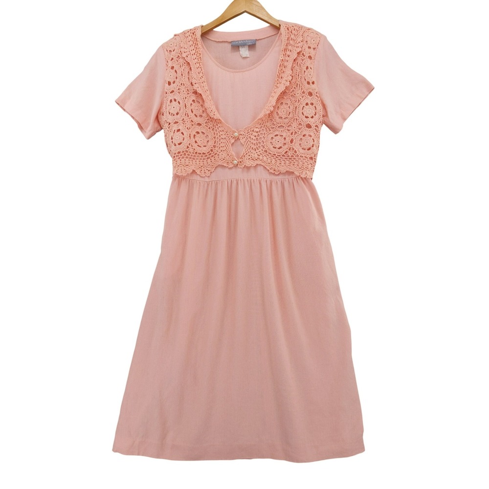 vtg 80s Carol Anderson Linen Blend Midi Dress Tie Back Sz 10‎ Pink Crochet Lace
